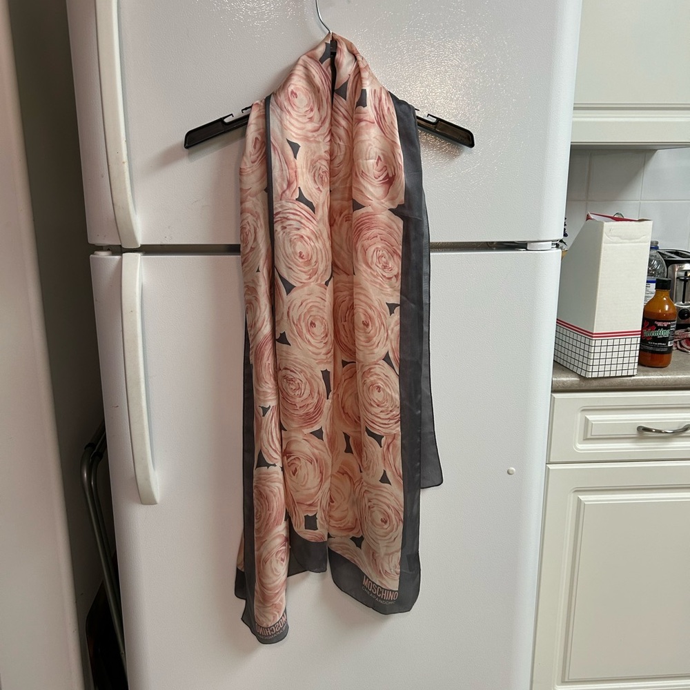 Moschino Pink Rose Print Silk Scarf with Gray Border